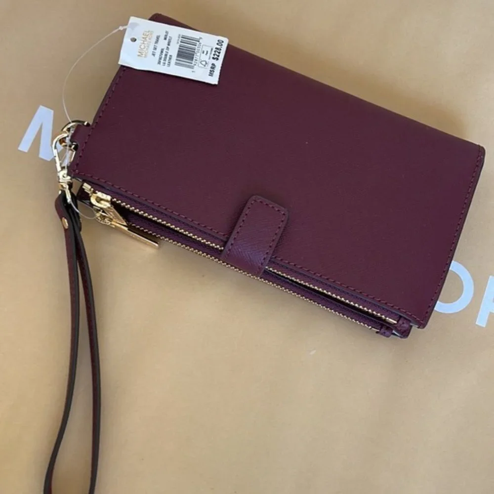 Michael Kors Jet Set Travel Large Double Zip Wristlet Wallet Dark Cherry Leather